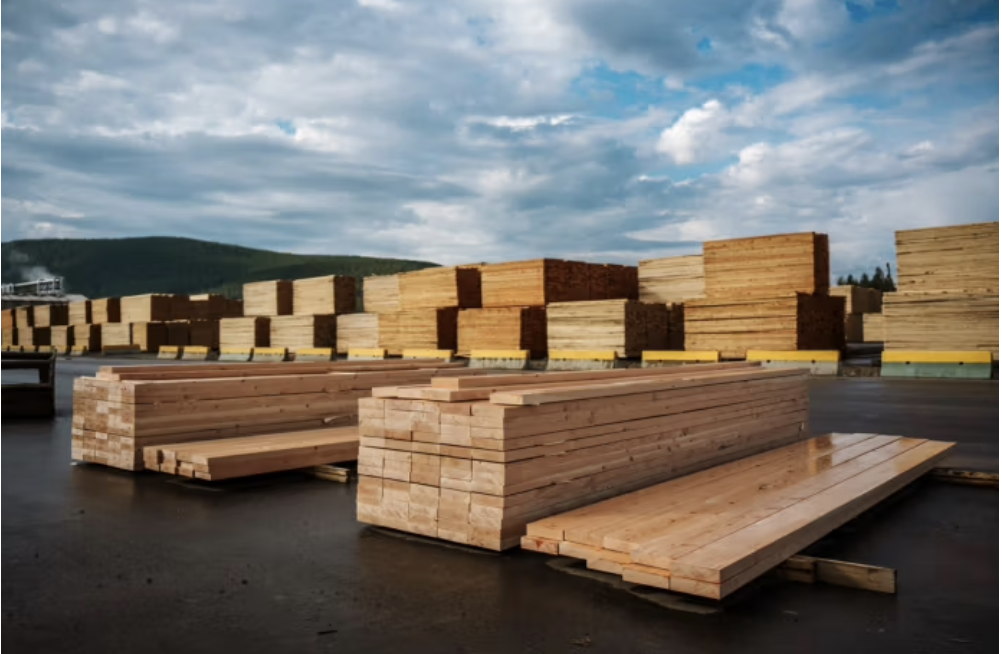 Organized lumber yard with various wood products